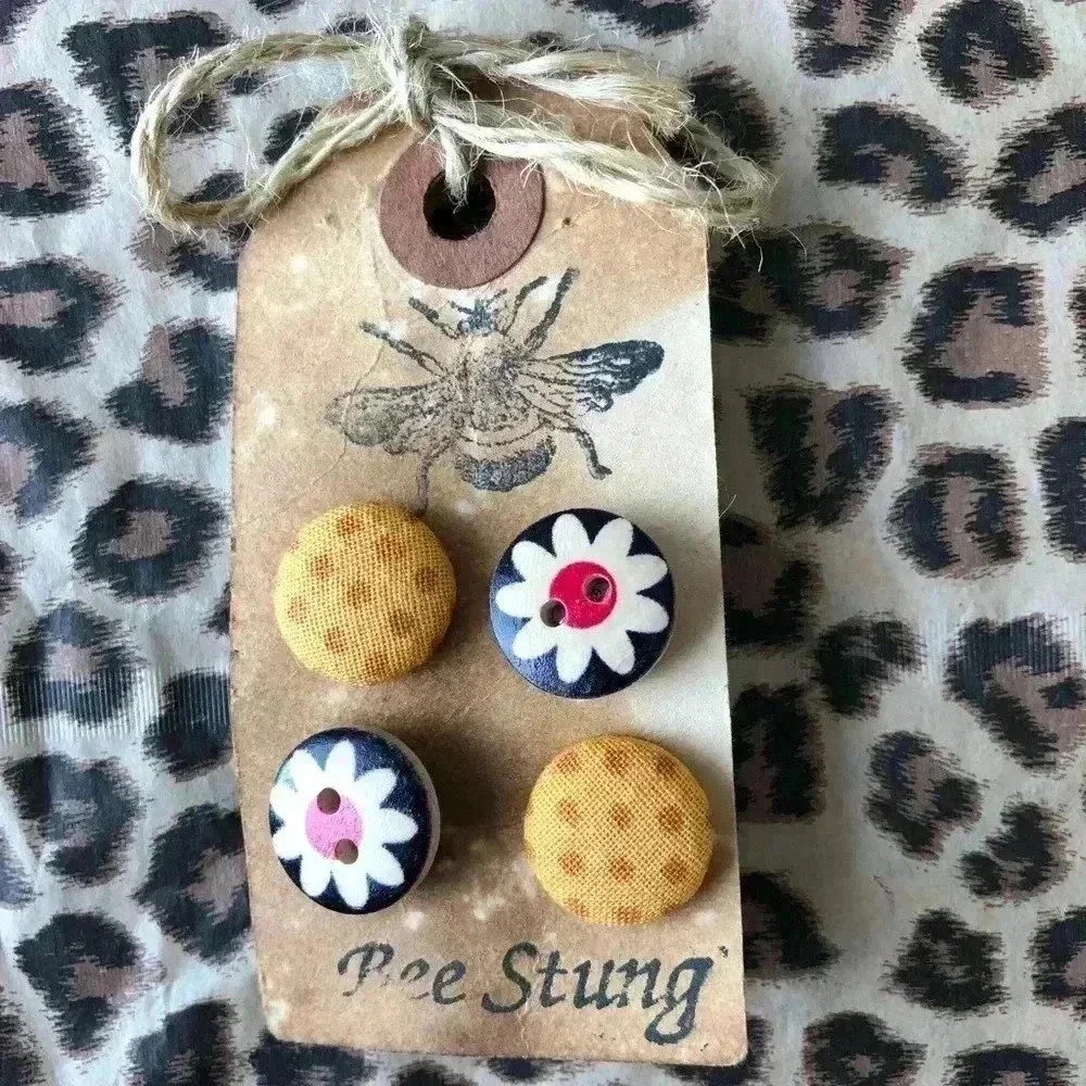 Handmade Wooden And Fabric Button Earrings NEW